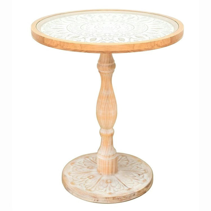 Traditional Vintage Round Solid Wood Glass Carved End Table For Living Room