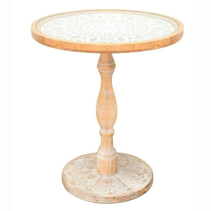Traditional Vintage Round Solid Wood Glass Carved End Table For Living Room
