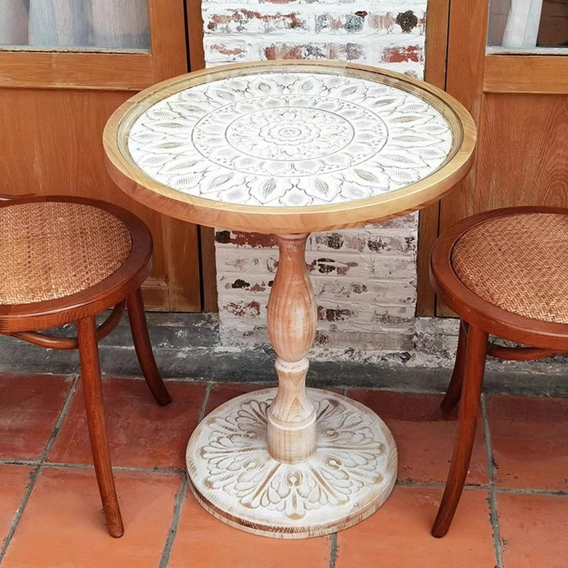 Traditional Vintage Round Solid Wood Glass Carved End Table For Living Room