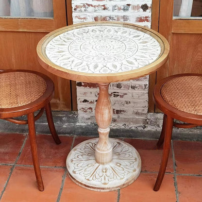 Traditional Vintage Round Solid Wood Glass Carved End Table For Living Room