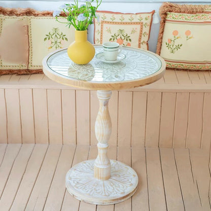 Traditional Vintage Round Solid Wood Glass Carved End Table For Living Room