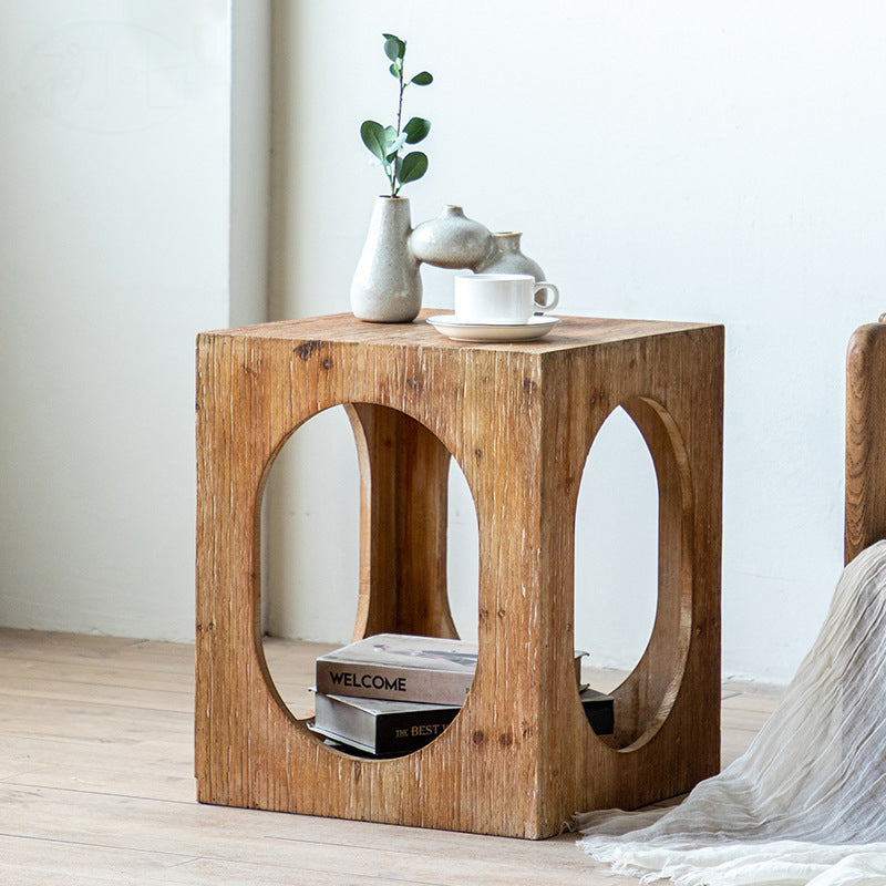 Traditional Vintage Square Solid Wood Medium-Density Fiberboard Openwork Movable End Table For Living Room