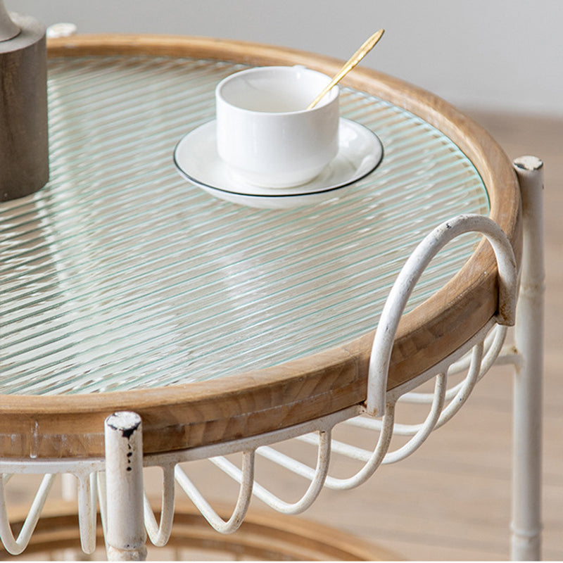 Traditional Vintage Round Iron Solid Wood Tempered Glass Movable End Table 1-Tier 4-Leg For Living Room