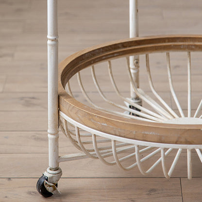 Traditional Vintage Round Iron Solid Wood Tempered Glass Movable End Table 1-Tier 4-Leg For Living Room