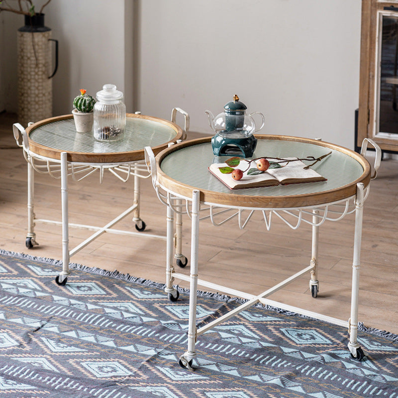 Traditional Vintage Round Iron Solid Wood Tempered Glass Movable End Table 1-Tier 4-Leg For Living Room