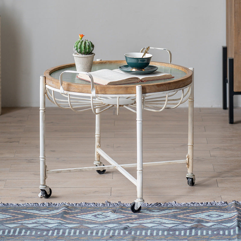 Traditional Vintage Round Iron Solid Wood Tempered Glass Movable End Table 1-Tier 4-Leg For Living Room
