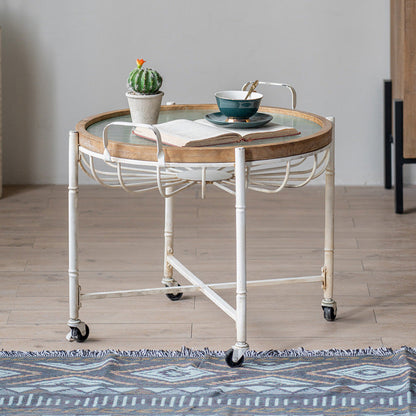 Traditional Vintage Round Iron Solid Wood Tempered Glass Movable End Table 1-Tier 4-Leg For Living Room
