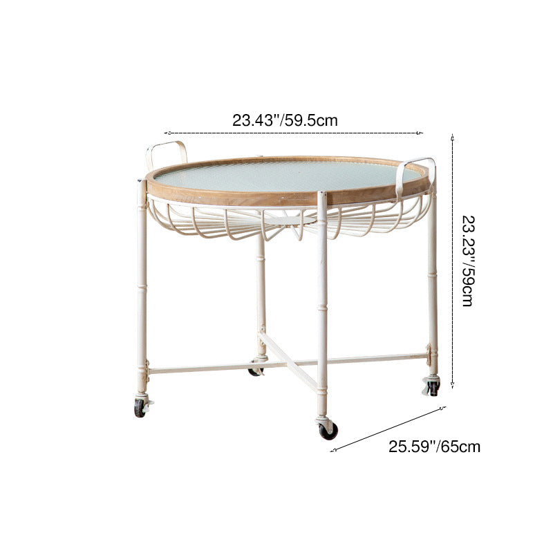 Traditional Vintage Round Iron Solid Wood Tempered Glass Movable End Table 1-Tier 4-Leg For Living Room