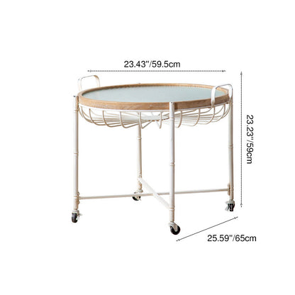 Traditional Vintage Round Iron Solid Wood Tempered Glass Movable End Table 1-Tier 4-Leg For Living Room