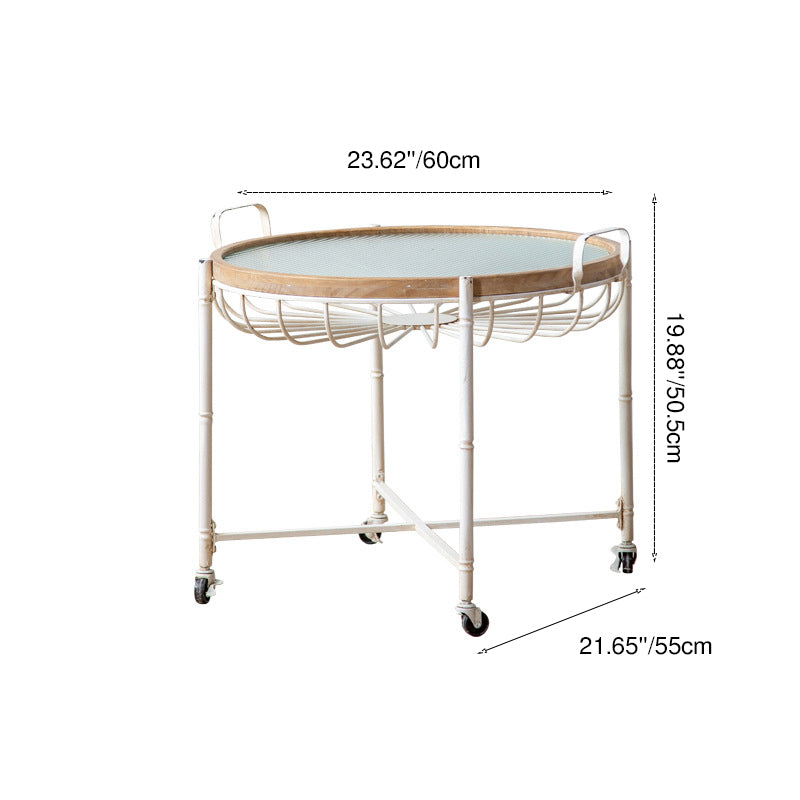Traditional Vintage Round Iron Solid Wood Tempered Glass Movable End Table 1-Tier 4-Leg For Living Room
