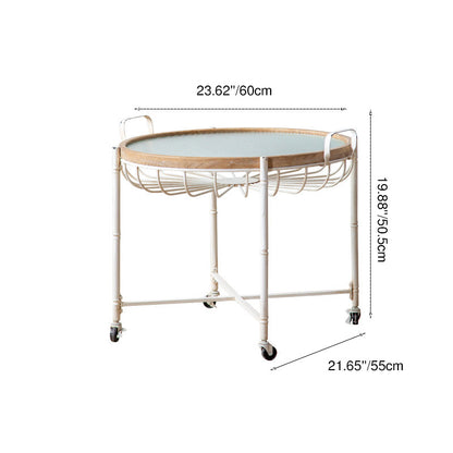 Traditional Vintage Round Iron Solid Wood Tempered Glass Movable End Table 1-Tier 4-Leg For Living Room