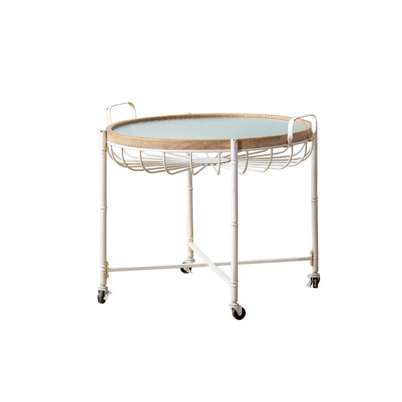 Traditional Vintage Round Iron Solid Wood Tempered Glass Movable End Table 1-Tier 4-Leg For Living Room
