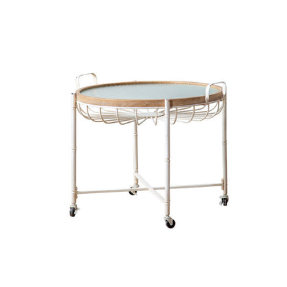 Traditional Vintage Round Iron Solid Wood Tempered Glass Movable End Table 1-Tier 4-Leg For Living Room