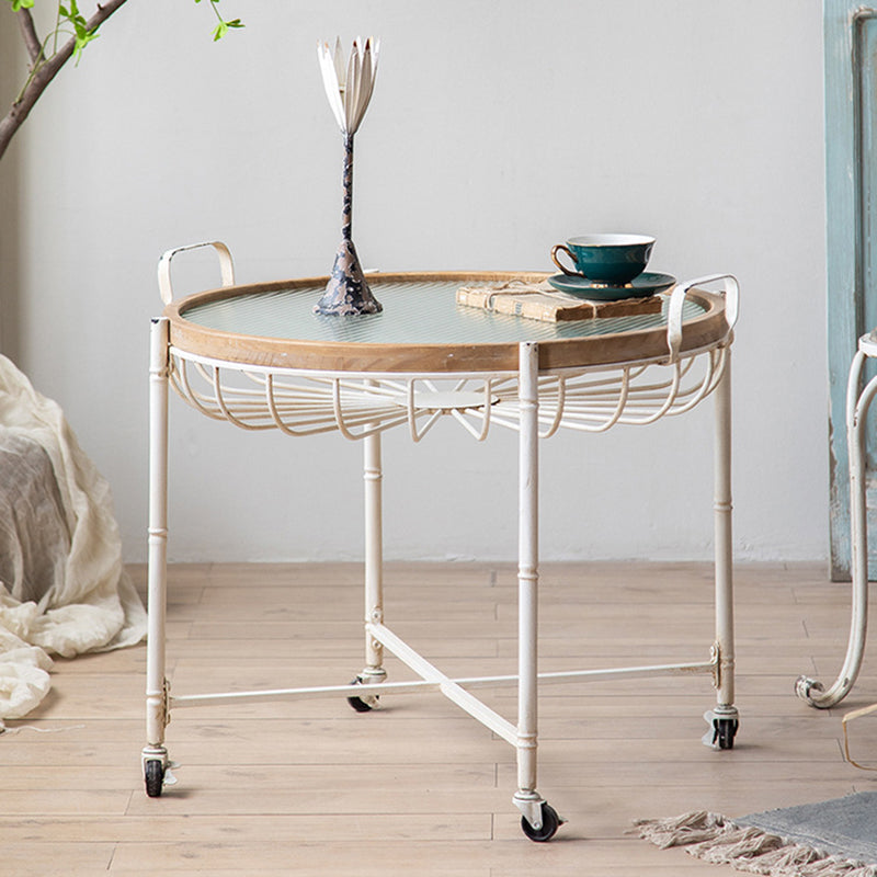 Traditional Vintage Round Iron Solid Wood Tempered Glass Movable End Table 1-Tier 4-Leg For Living Room