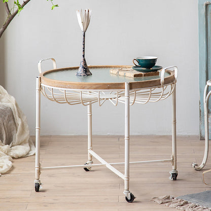 Traditional Vintage Round Iron Solid Wood Tempered Glass Movable End Table 1-Tier 4-Leg For Living Room