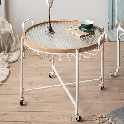 Traditional Vintage Round Iron Solid Wood Tempered Glass Movable End Table 1-Tier 4-Leg For Living Room