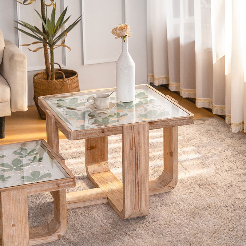 Traditional Vintage Square Solid Wood Tempered Glass End Table For Living Room