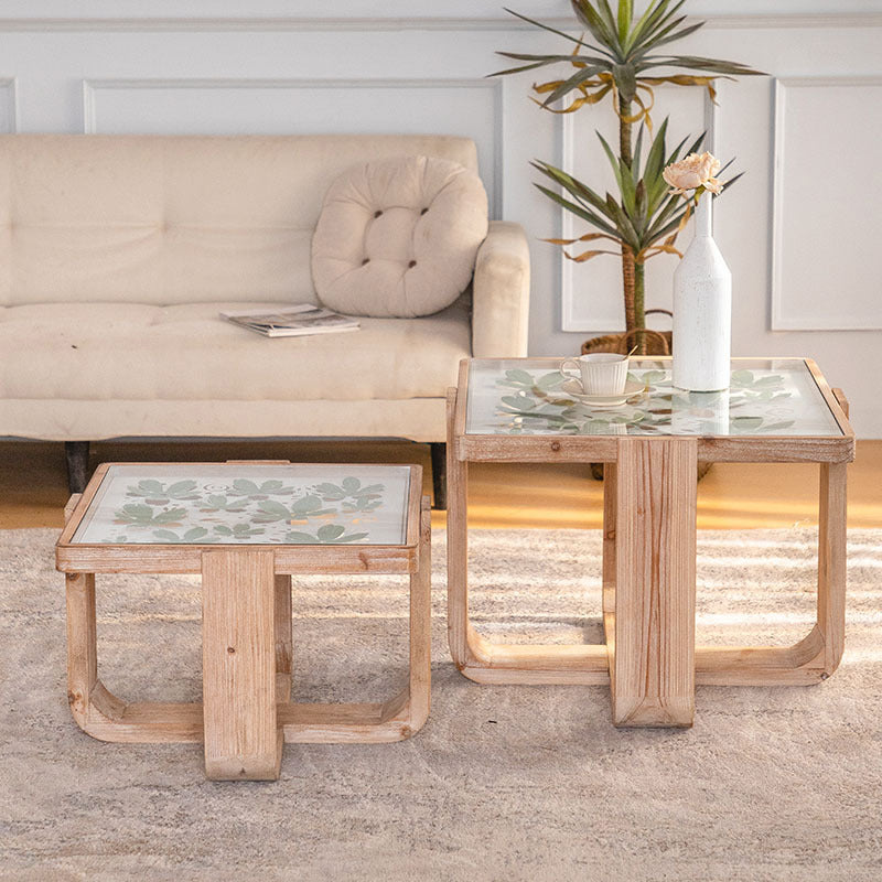 Traditional Vintage Square Solid Wood Tempered Glass End Table For Living Room