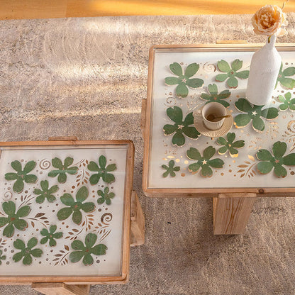 Traditional Vintage Square Solid Wood Tempered Glass End Table For Living Room