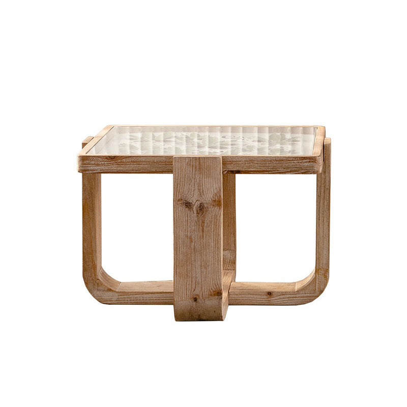 Traditional Vintage Square Solid Wood Tempered Glass End Table For Living Room