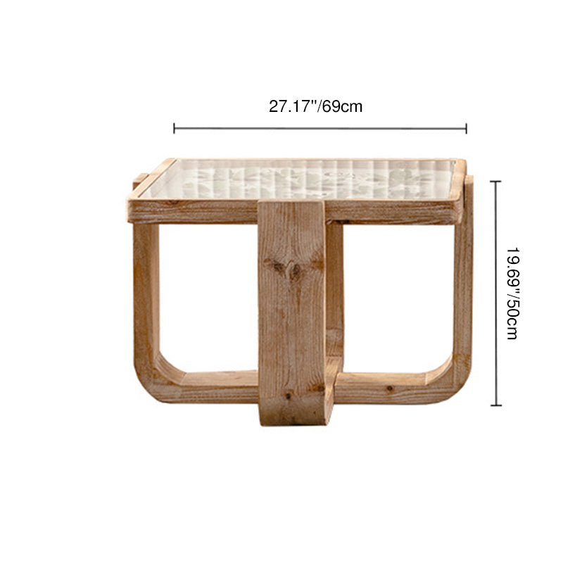 Traditional Vintage Square Solid Wood Tempered Glass End Table For Living Room
