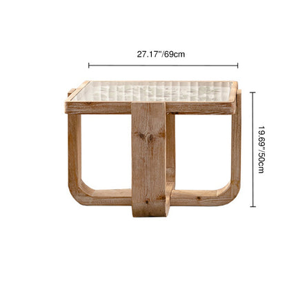 Traditional Vintage Square Solid Wood Tempered Glass End Table For Living Room