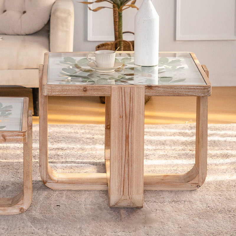 Traditional Vintage Square Solid Wood Tempered Glass End Table For Living Room