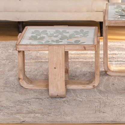Traditional Vintage Square Solid Wood Tempered Glass End Table For Living Room