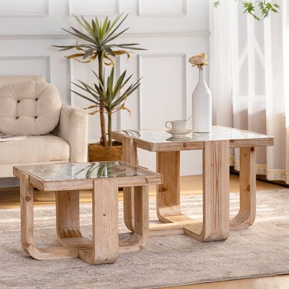 Traditional Vintage Square Solid Wood Tempered Glass End Table For Living Room