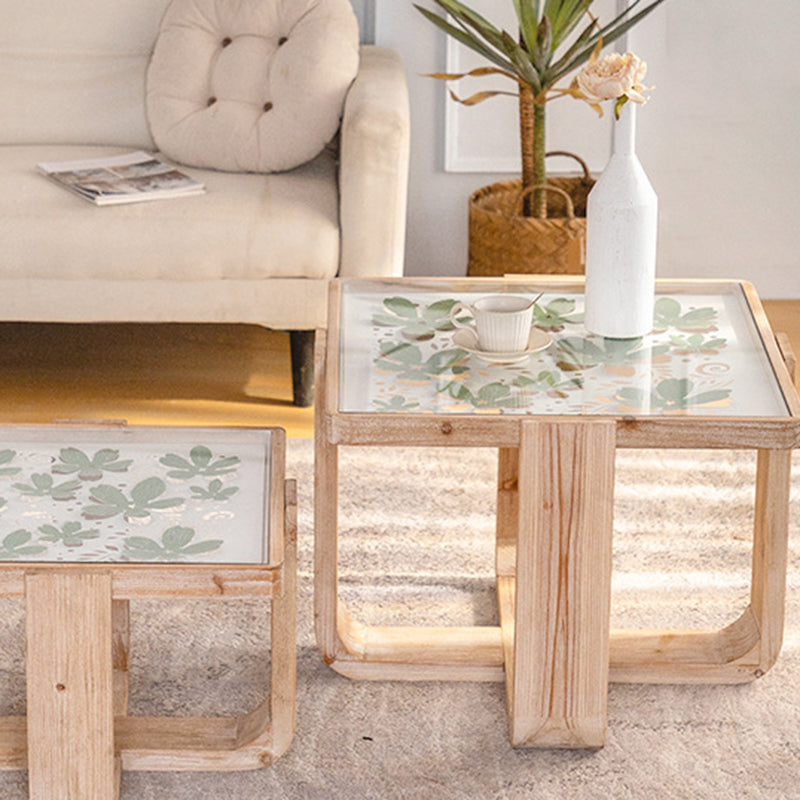 Traditional Vintage Square Solid Wood Tempered Glass End Table For Living Room