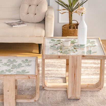 Traditional Vintage Square Solid Wood Tempered Glass End Table For Living Room