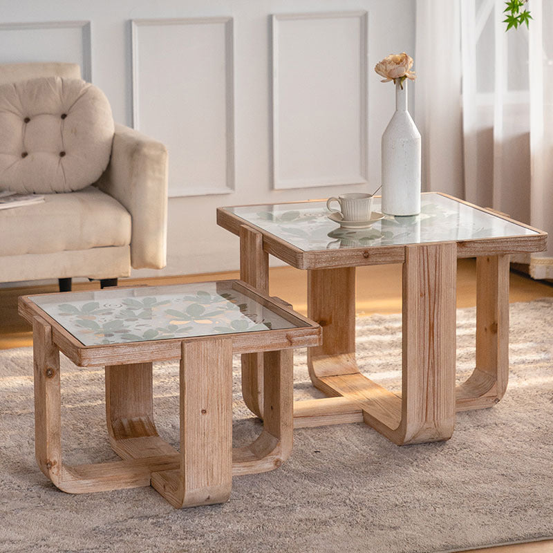 Traditional Vintage Square Solid Wood Tempered Glass End Table For Living Room