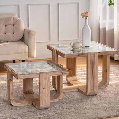 Traditional Vintage Square Solid Wood Tempered Glass End Table For Living Room
