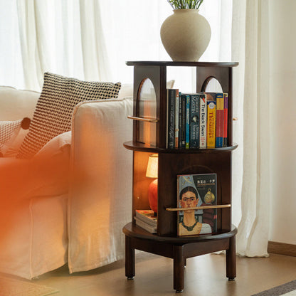 Traditional Vintage Solid Wood Glass Aluminum Alloy End Table 4-Leg 2-Shelf Rotatable For Living Room