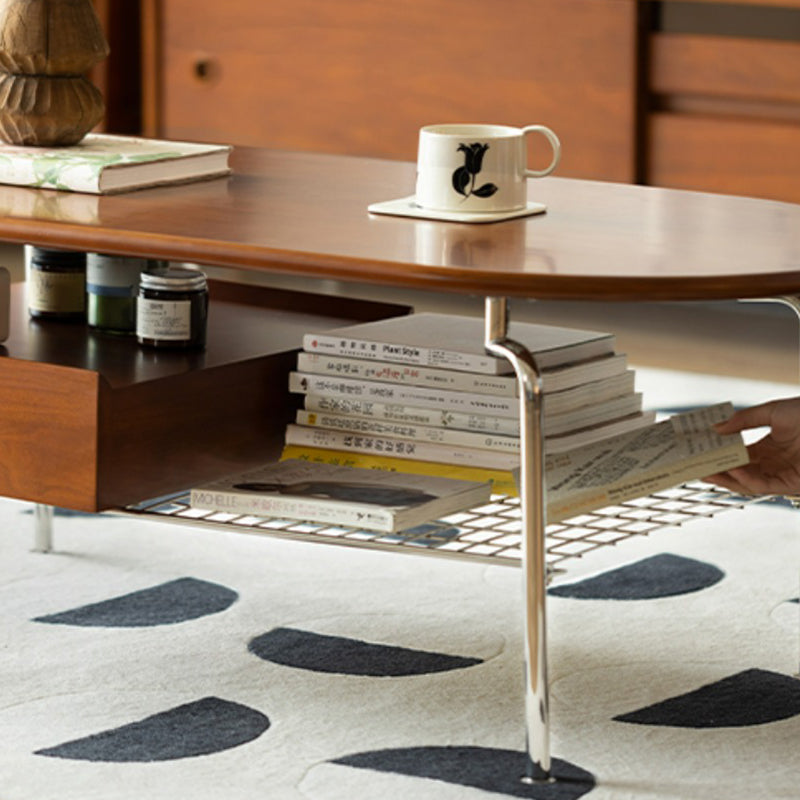 Traditional Vintage Oval Solid Wood Stainless Steel End Table 4-Leg 1-Drawer For Living Room