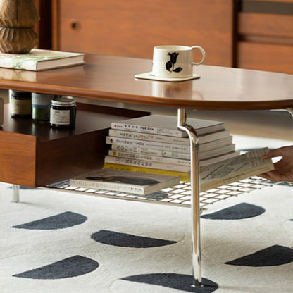 Traditional Vintage Oval Solid Wood Stainless Steel End Table 4-Leg 1-Drawer For Living Room