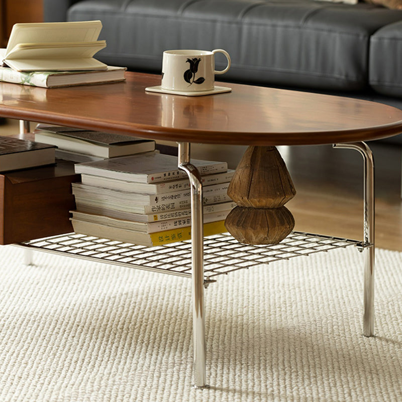 Traditional Vintage Oval Solid Wood Stainless Steel End Table 4-Leg 1-Drawer For Living Room