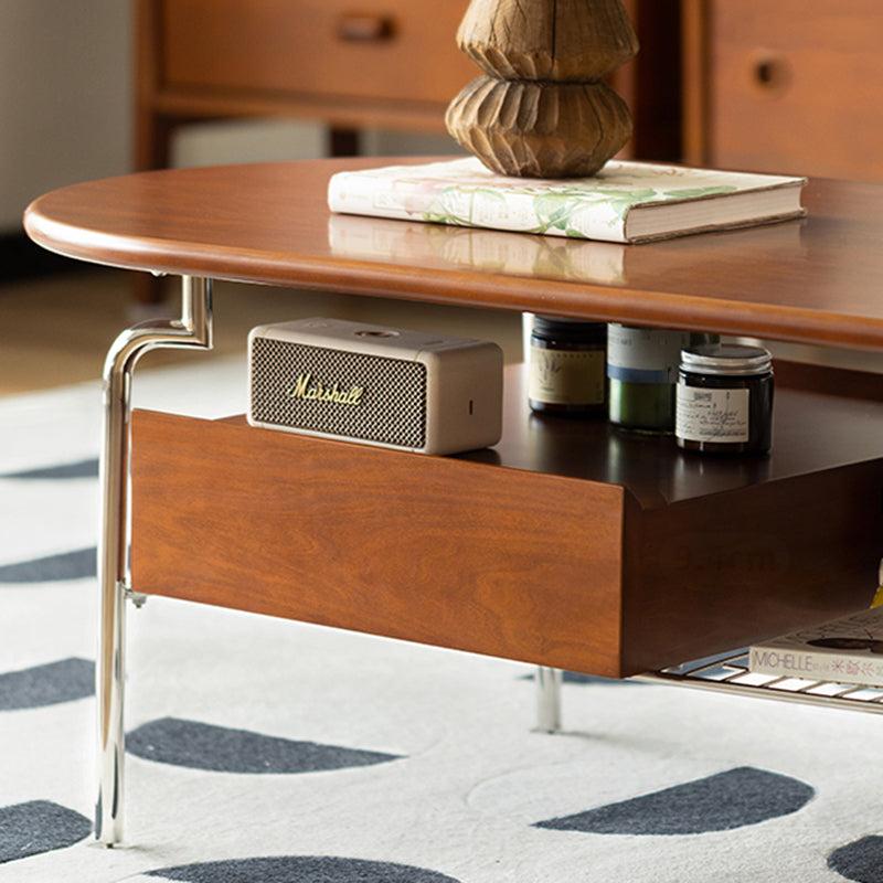 Traditional Vintage Oval Solid Wood Stainless Steel End Table 4-Leg 1-Drawer For Living Room