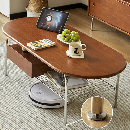 Traditional Vintage Oval Solid Wood Stainless Steel End Table 4-Leg 1-Drawer For Living Room