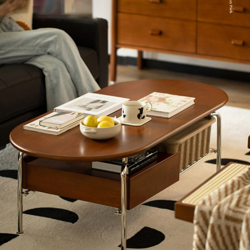 Traditional Vintage Oval Solid Wood Stainless Steel End Table 4-Leg 1-Drawer For Living Room