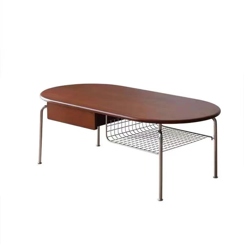 Traditional Vintage Oval Solid Wood Stainless Steel End Table 4-Leg 1-Drawer For Living Room