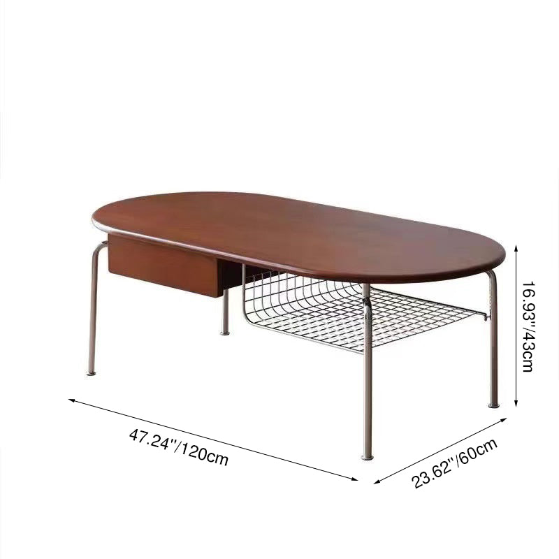 Traditional Vintage Oval Solid Wood Stainless Steel End Table 4-Leg 1-Drawer For Living Room