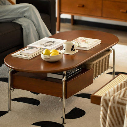 Traditional Vintage Oval Solid Wood Stainless Steel End Table 4-Leg 1-Drawer For Living Room
