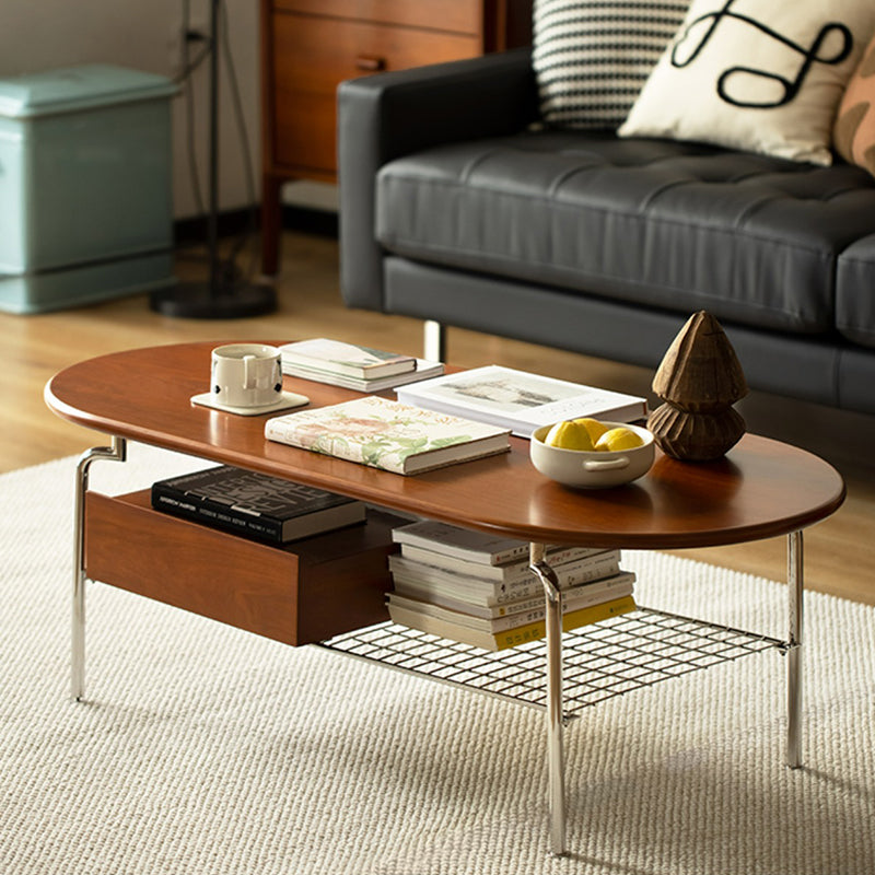 Traditional Vintage Oval Solid Wood Stainless Steel End Table 4-Leg 1-Drawer For Living Room