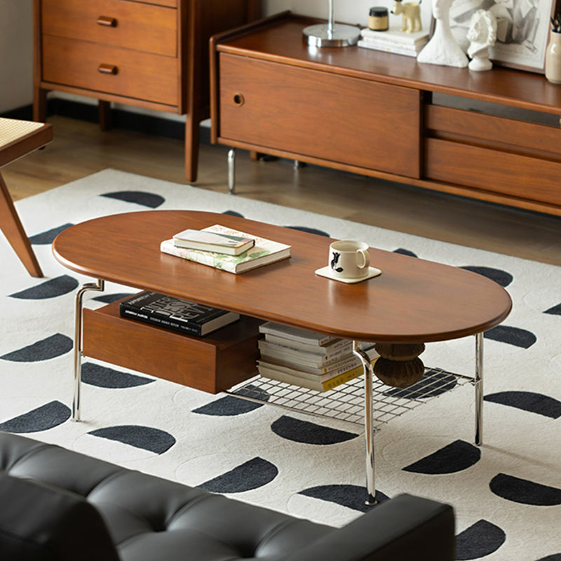 Traditional Vintage Oval Solid Wood Stainless Steel End Table 4-Leg 1-Drawer For Living Room