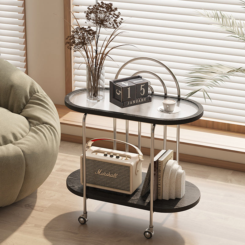 Modern Minimalist Oval Carbon Steel Stone Slab Glass End Table 2-Tier For Living Room