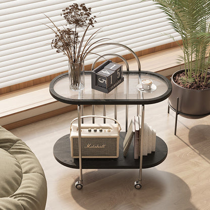 Modern Minimalist Oval Carbon Steel Stone Slab Glass End Table 2-Tier For Living Room