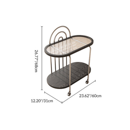 Modern Minimalist Oval Carbon Steel Stone Slab Glass End Table 2-Tier For Living Room
