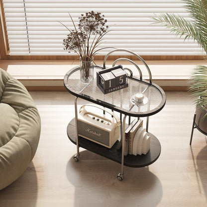 Modern Minimalist Oval Carbon Steel Stone Slab Glass End Table 2-Tier For Living Room