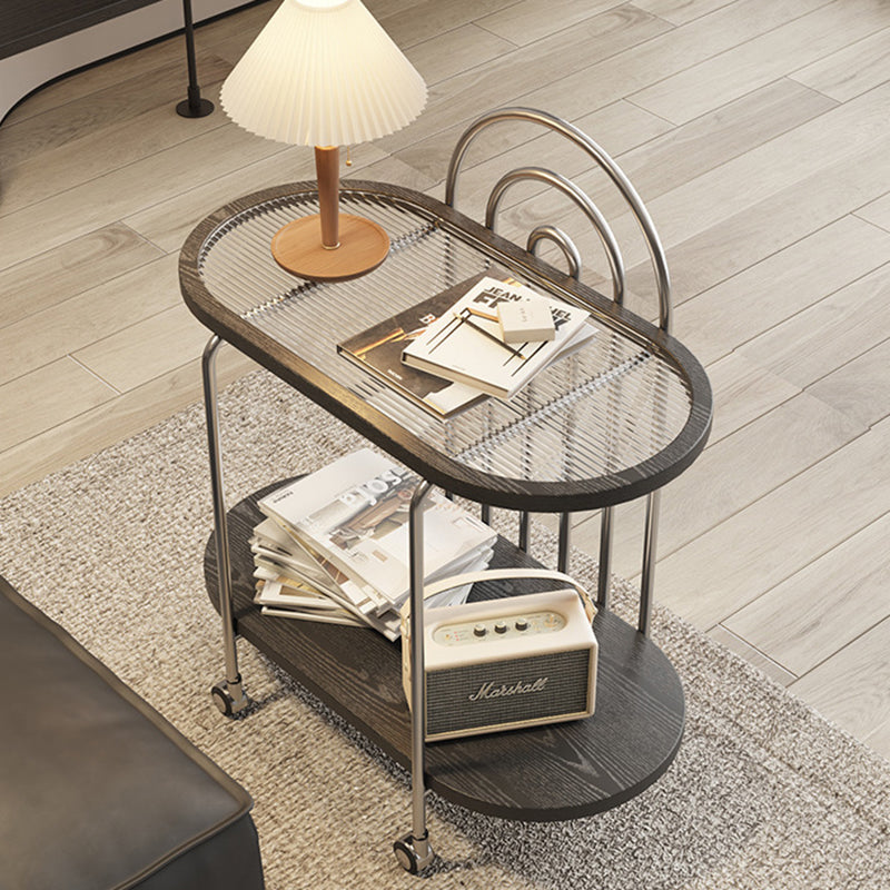 Modern Minimalist Oval Carbon Steel Stone Slab Glass End Table 2-Tier For Living Room